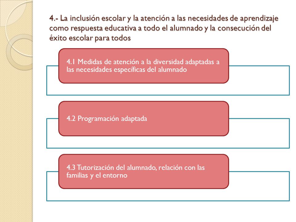 4.- La inclusión escolar y la atención a las necesidades de aprendizaje como respuesta educativa a todo el alumnado y la consecución del éxito escolar para todos