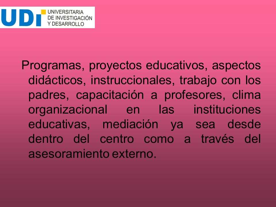 Programas, proyectos educativos, aspectos didácticos, instruccionales, trabajo con los padres, capacitación a profesores, clima organizacional en las instituciones educativas, mediación ya sea desde dentro del centro como a través del asesoramiento externo.
