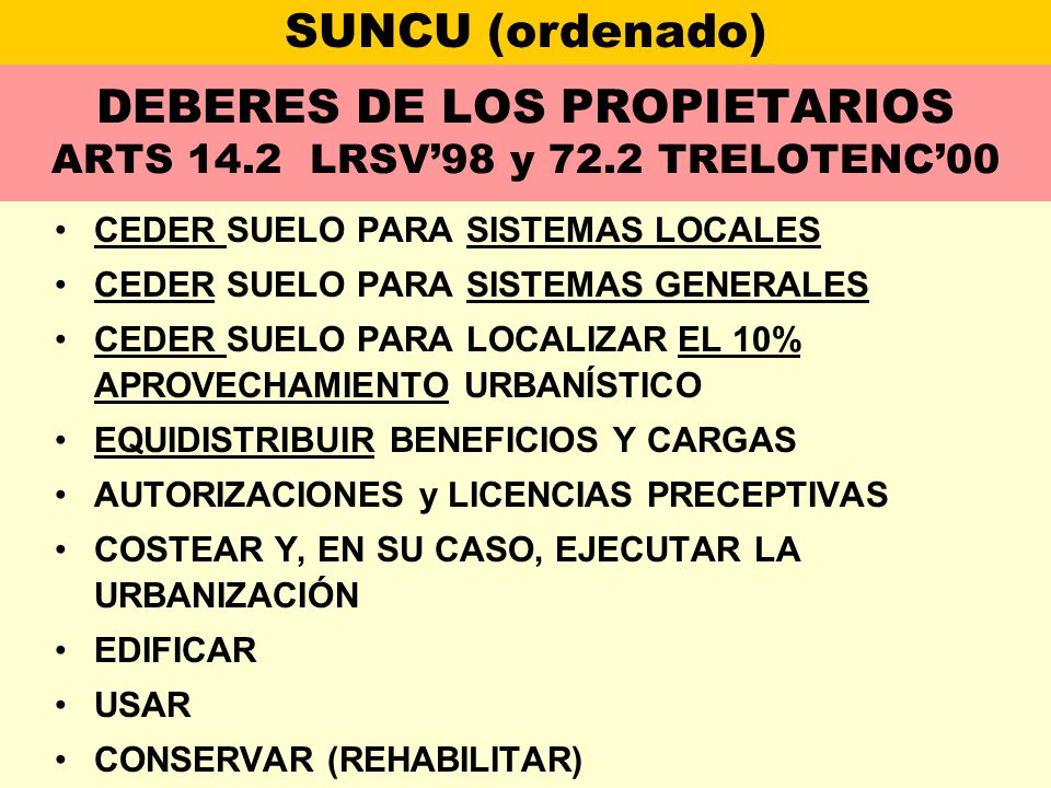 DEBERES DE LOS PROPIETARIOS ARTS 14.2 LRSV’98 y 72.2 TRELOTENC’00