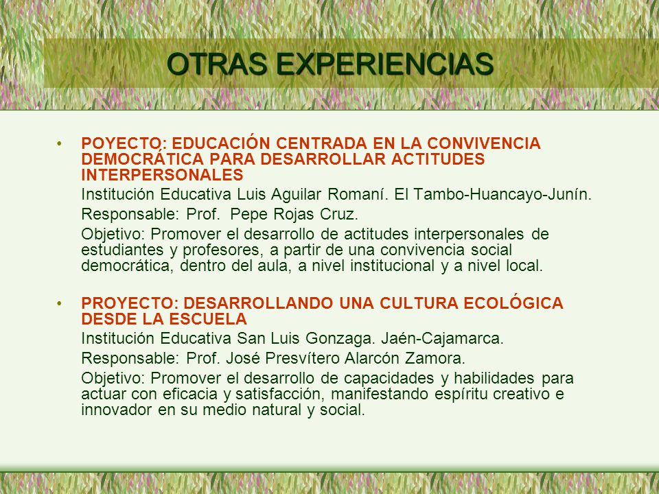 OTRAS EXPERIENCIAS POYECTO: EDUCACIÓN CENTRADA EN LA CONVIVENCIA DEMOCRÁTICA PARA DESARROLLAR ACTITUDES INTERPERSONALES.