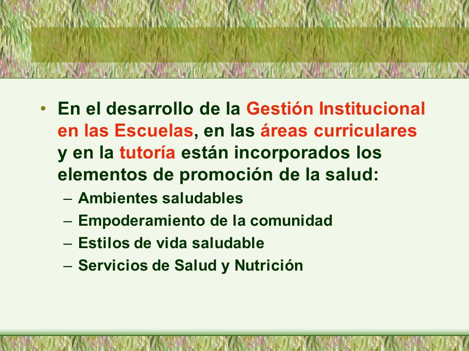 En el desarrollo de la Gestión Institucional en las Escuelas, en las áreas curriculares y en la tutoría están incorporados los elementos de promoción de la salud: