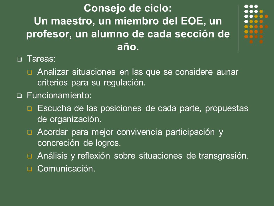 Consejo de ciclo: Un maestro, un miembro del EOE, un profesor, un alumno de cada sección de año.