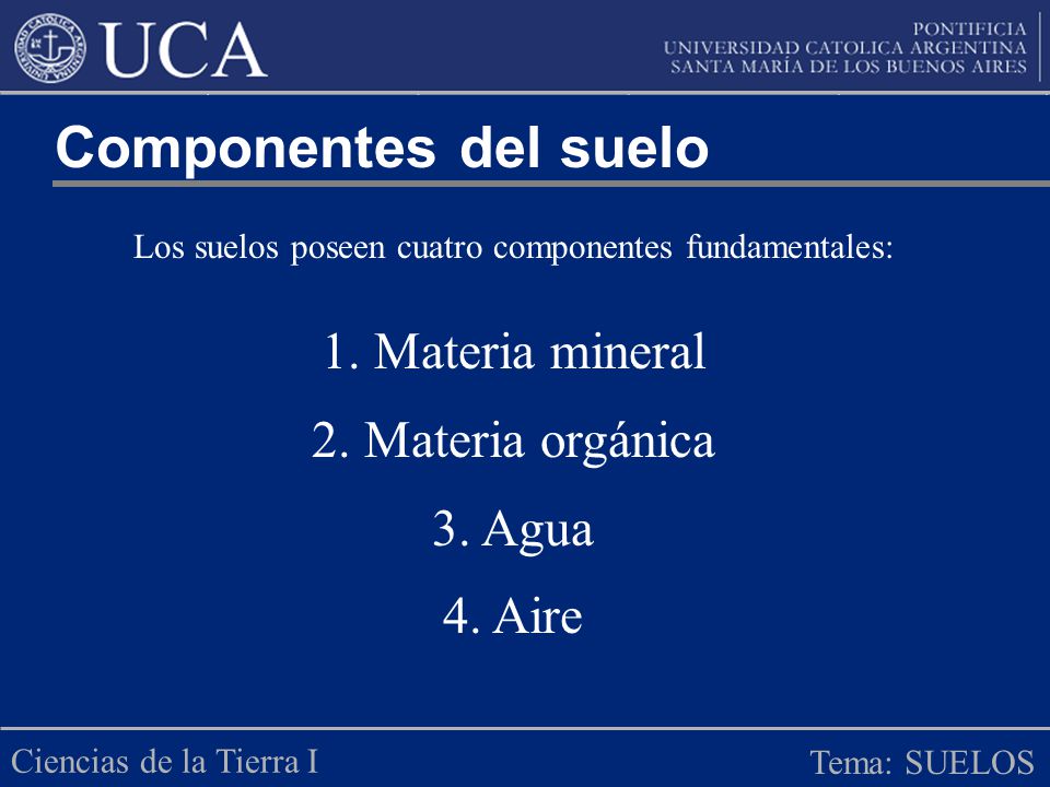 Componentes del suelo 1. Materia mineral 2. Materia orgánica 3. Agua