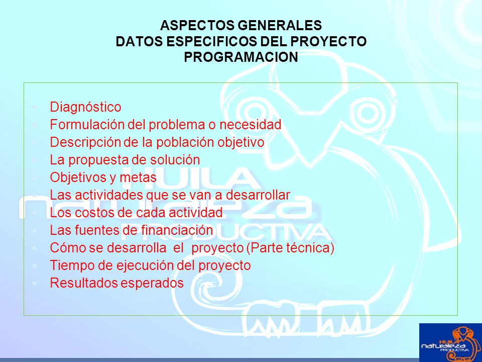 ASPECTOS GENERALES DATOS ESPECIFICOS DEL PROYECTO PROGRAMACION