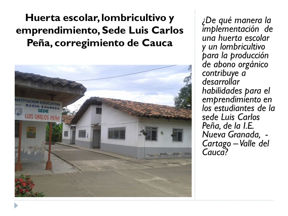 Huerta escolar, lombricultivo y emprendimiento, Sede Luis Carlos Peña, corregimiento de Cauca