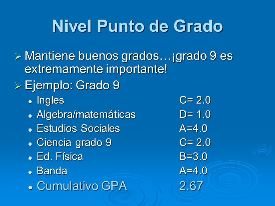 Nivel Punto de Grado Mantiene buenos grados…¡grado 9 es extremamente importante! Ejemplo: Grado 9.