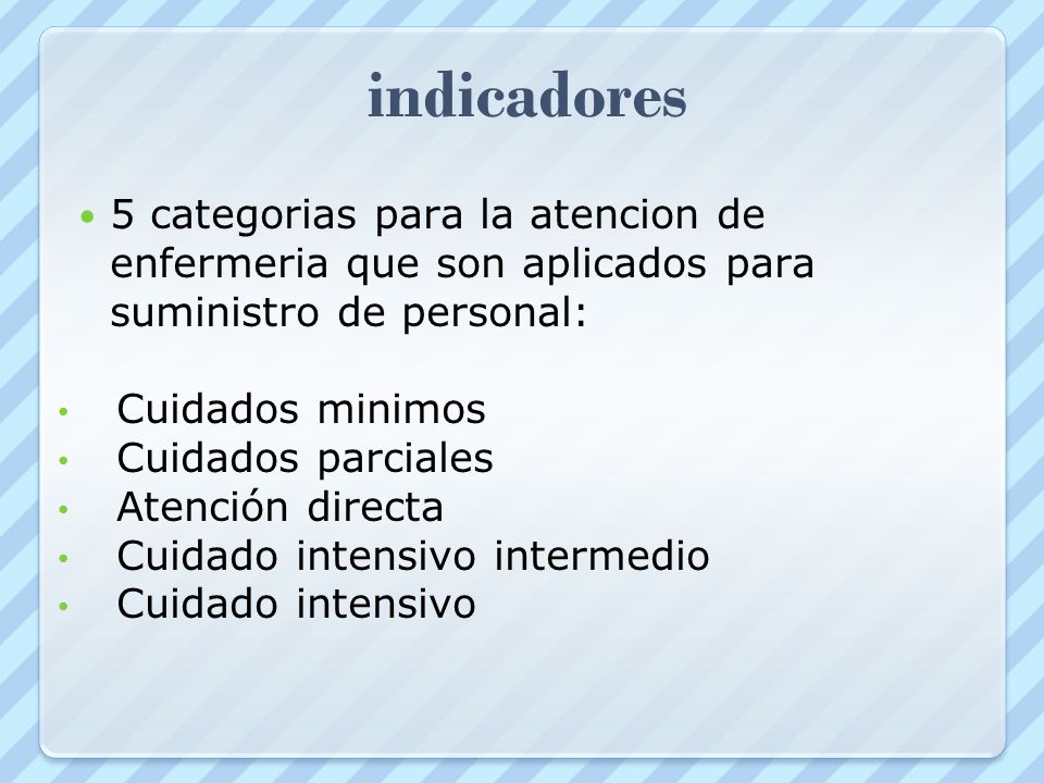 indicadores 5 categorias para la atencion de enfermeria que son aplicados para suministro de personal: