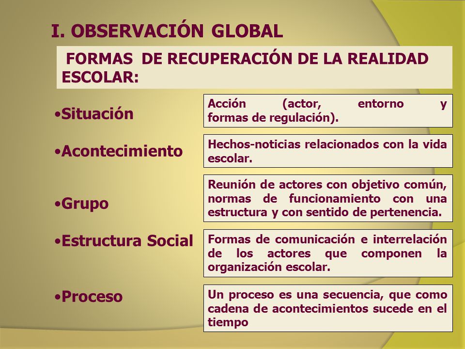 I. OBSERVACIÓN GLOBAL FORMAS DE RECUPERACIÓN DE LA REALIDAD ESCOLAR:
