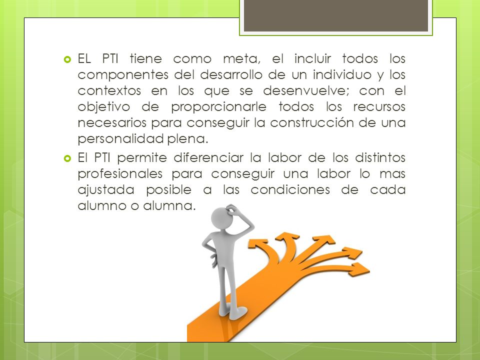 EL PTI tiene como meta, el incluir todos los componentes del desarrollo de un individuo y los contextos en los que se desenvuelve; con el objetivo de proporcionarle todos los recursos necesarios para conseguir la construcción de una personalidad plena.