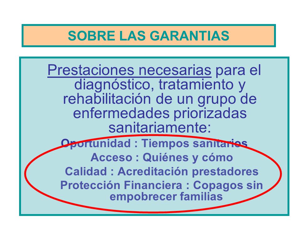 SOBRE LAS GARANTIAS Prestaciones necesarias para el diagnóstico, tratamiento y rehabilitación de un grupo de enfermedades priorizadas sanitariamente: