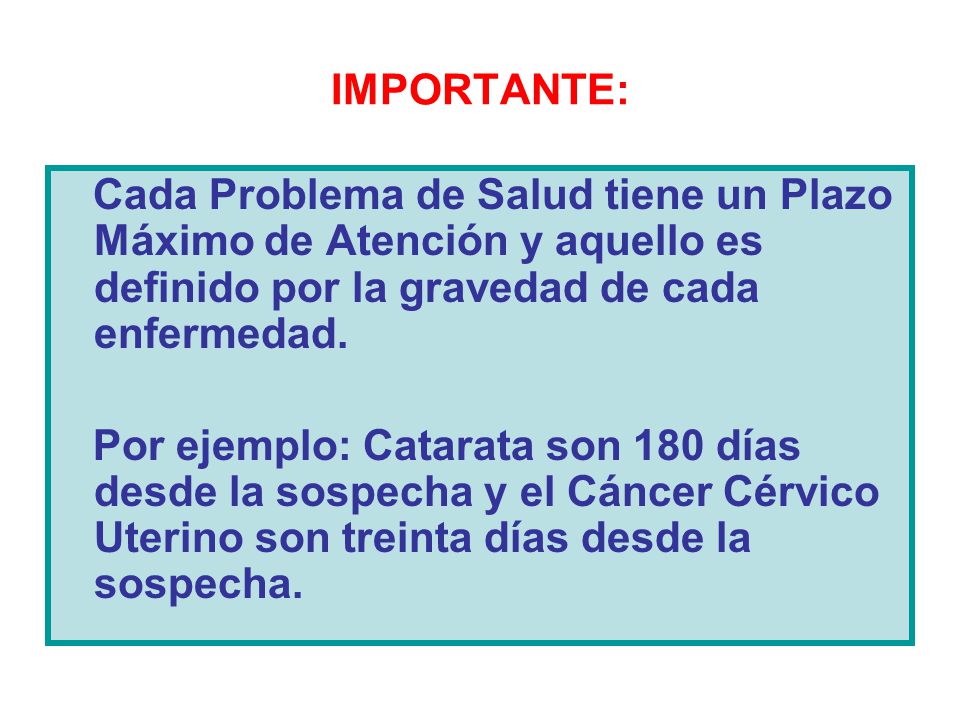 IMPORTANTE: Cada Problema de Salud tiene un Plazo Máximo de Atención y aquello es definido por la gravedad de cada enfermedad.