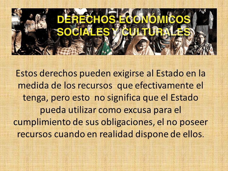 Estos derechos pueden exigirse al Estado en la medida de los recursos que efectivamente el tenga, pero esto no significa que el Estado pueda utilizar como excusa para el cumplimiento de sus obligaciones, el no poseer recursos cuando en realidad dispone de ellos.