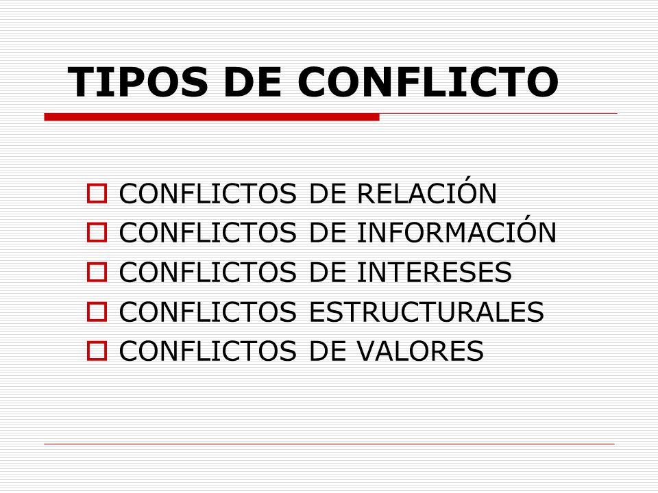 TIPOS DE CONFLICTO CONFLICTOS DE RELACIÓN CONFLICTOS DE INFORMACIÓN