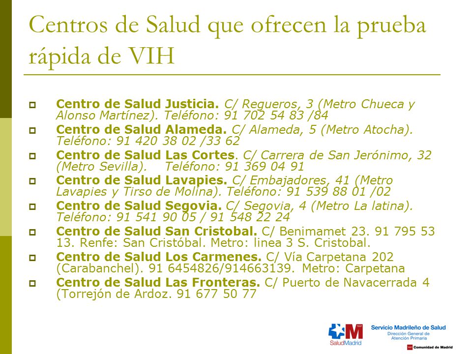 Centros de Salud que ofrecen la prueba rápida de VIH