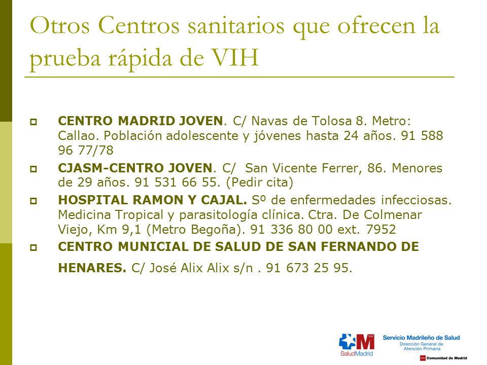 Otros Centros sanitarios que ofrecen la prueba rápida de VIH