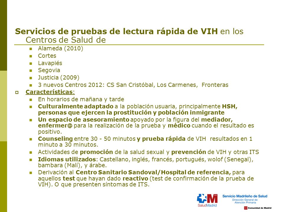 Servicios de pruebas de lectura rápida de VIH en los Centros de Salud de