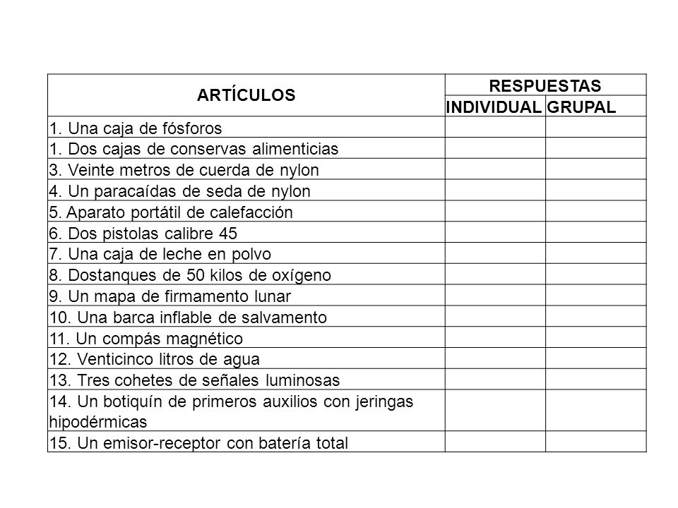 ARTÍCULOS RESPUESTAS. INDIVIDUAL. GRUPAL. 1. Una caja de fósforos. 1. Dos cajas de conservas alimenticias.