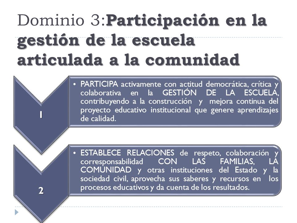 Dominio 3:Participación en la gestión de la escuela articulada a la comunidad