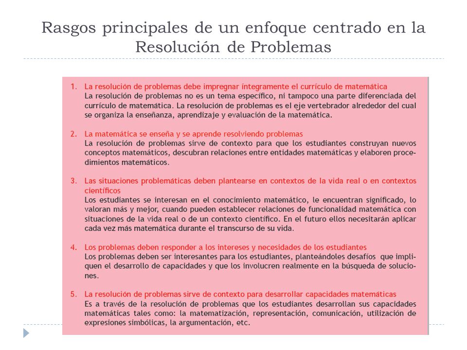 Rasgos principales de un enfoque centrado en la Resolución de Problemas