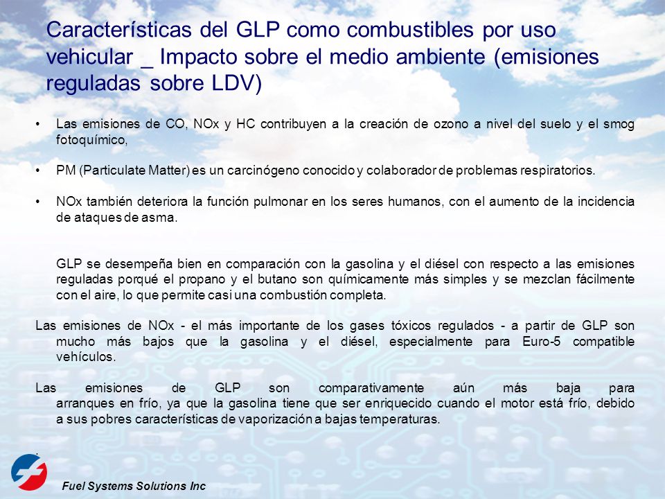 Características del GLP como combustibles por uso vehicular _ Impacto sobre el medio ambiente (emisiones reguladas sobre LDV)