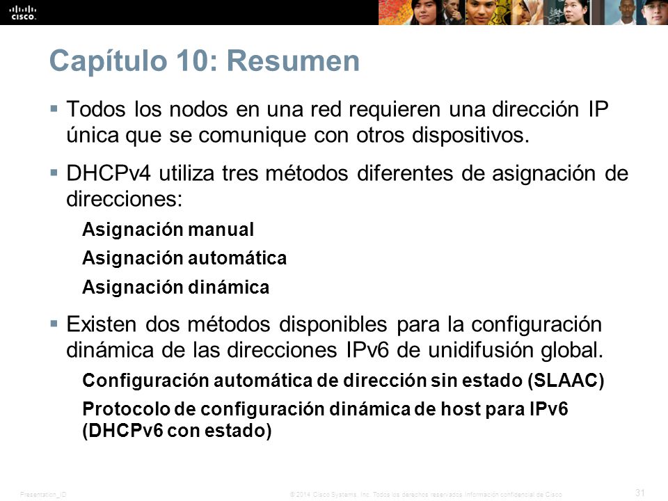 Capítulo 10: Resumen Todos los nodos en una red requieren una dirección IP única que se comunique con otros dispositivos.