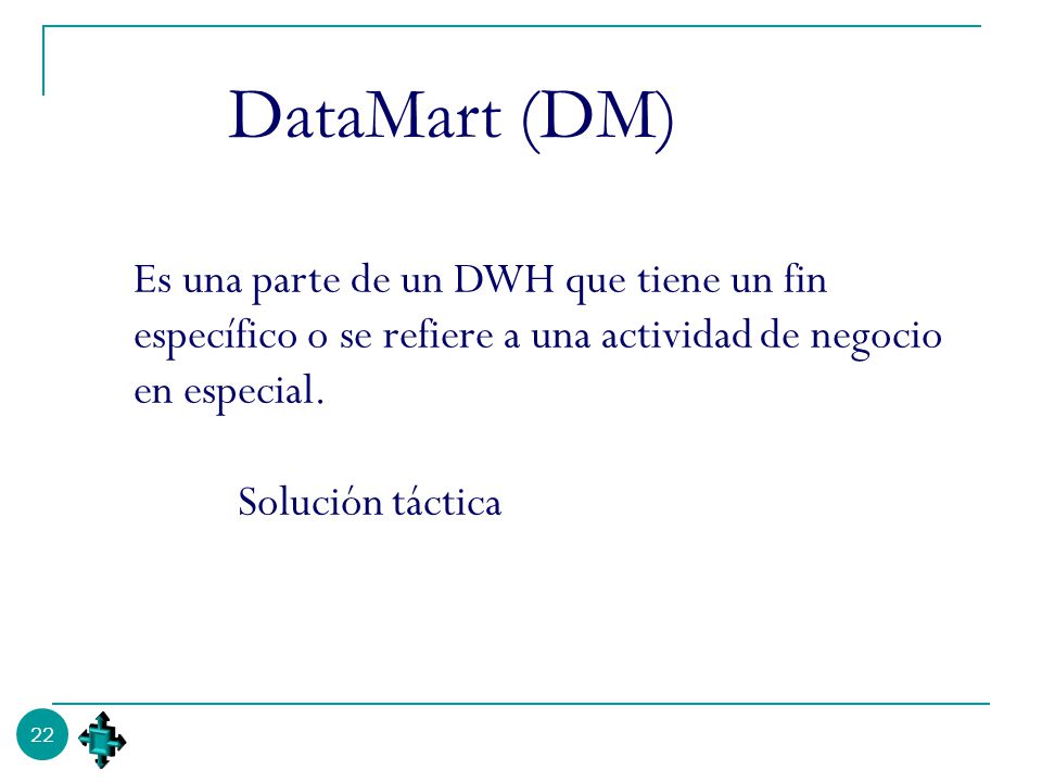 DataMart (DM) Es una parte de un DWH que tiene un fin específico o se refiere a una actividad de negocio en especial.