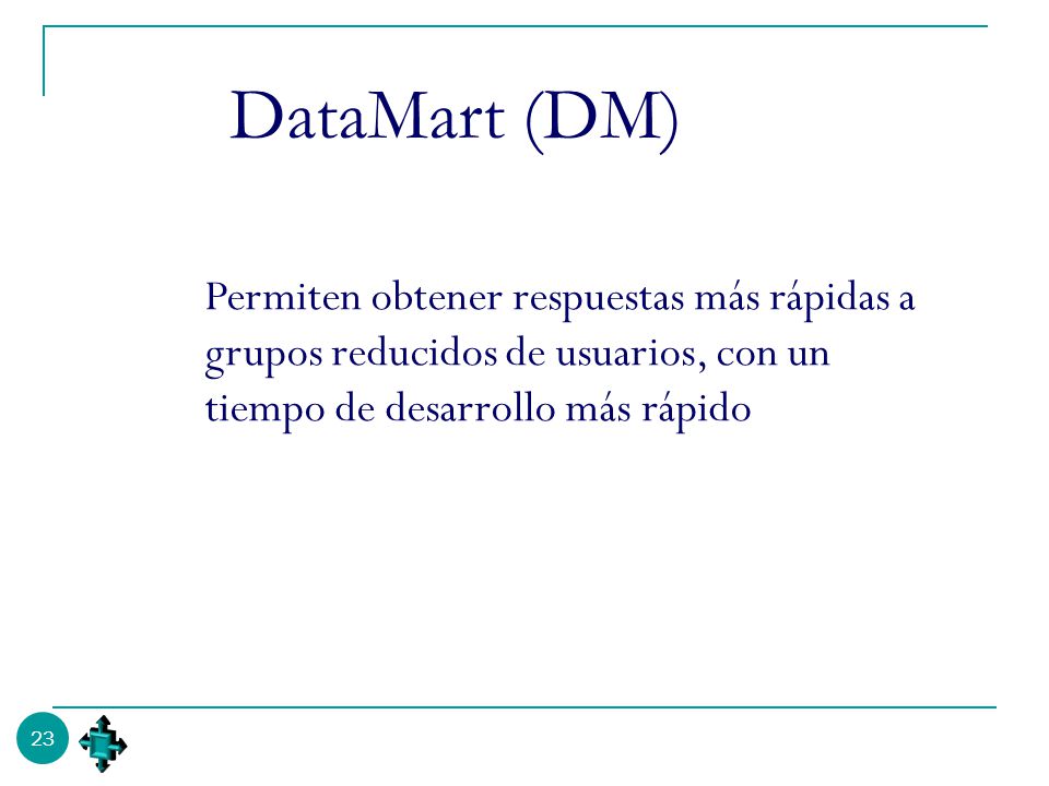 DataMart (DM) Permiten obtener respuestas más rápidas a grupos reducidos de usuarios, con un tiempo de desarrollo más rápido.
