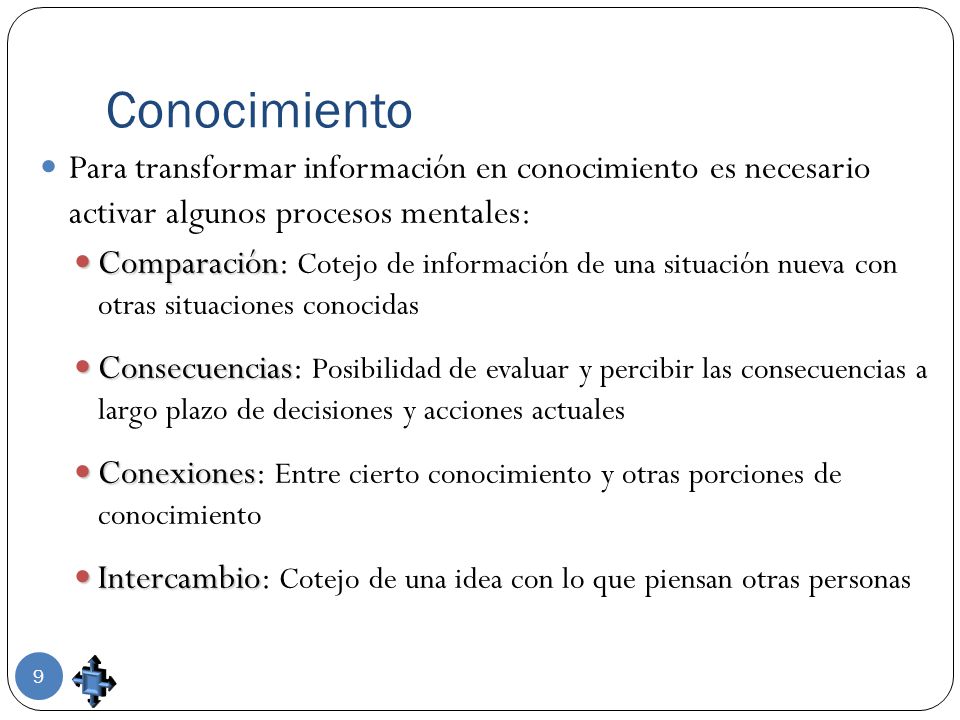 Conocimiento Para transformar información en conocimiento es necesario activar algunos procesos mentales: