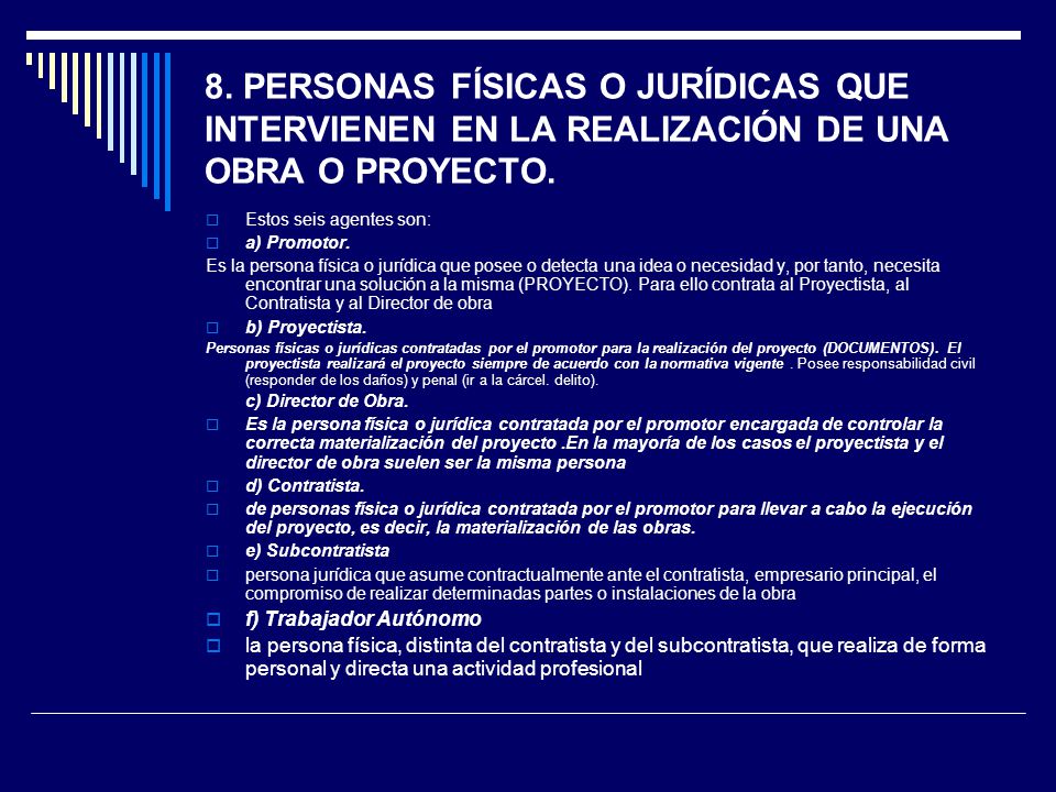 8. PERSONAS FÍSICAS O JURÍDICAS QUE INTERVIENEN EN LA REALIZACIÓN DE UNA OBRA O PROYECTO.