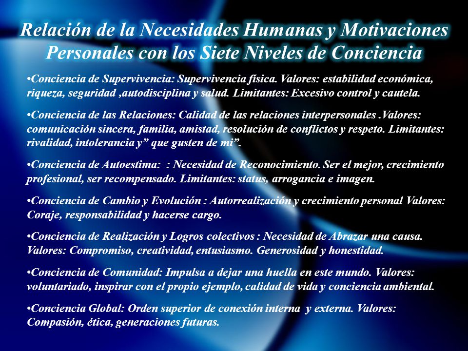 Relación de la Necesidades Humanas y Motivaciones Personales con los Siete Niveles de Conciencia