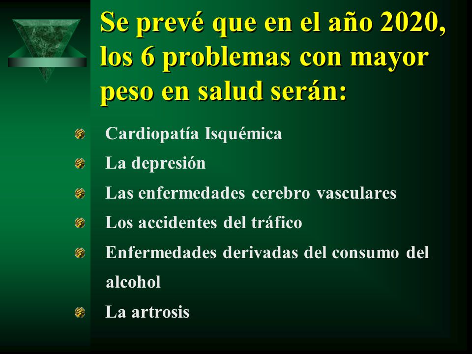 Se prevé que en el año 2020, los 6 problemas con mayor peso en salud serán: