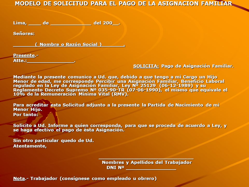MODELO DE SOLICITUD PARA EL PAGO DE LA ASIGNACION FAMILIAR