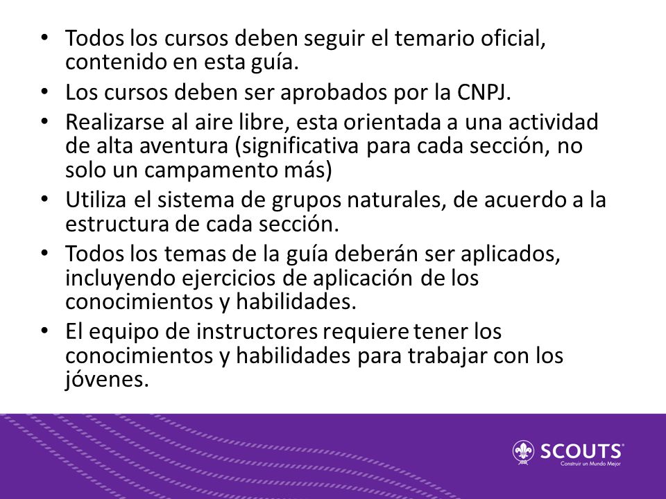 Todos los cursos deben seguir el temario oficial, contenido en esta guía.