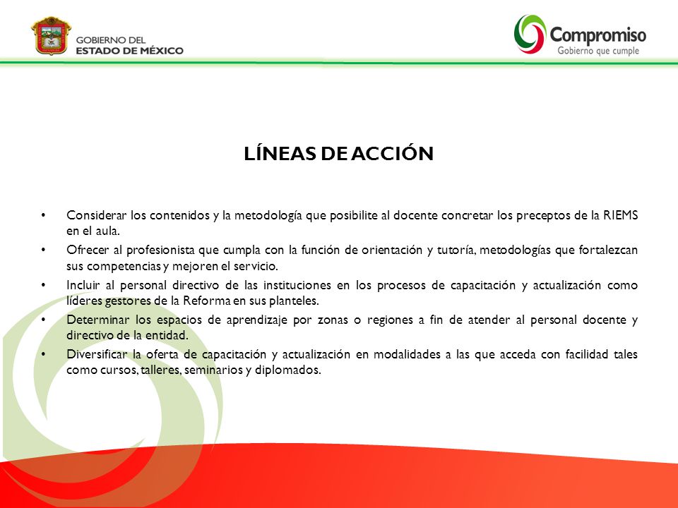 LÍNEAS DE ACCIÓN Considerar los contenidos y la metodología que posibilite al docente concretar los preceptos de la RIEMS en el aula.