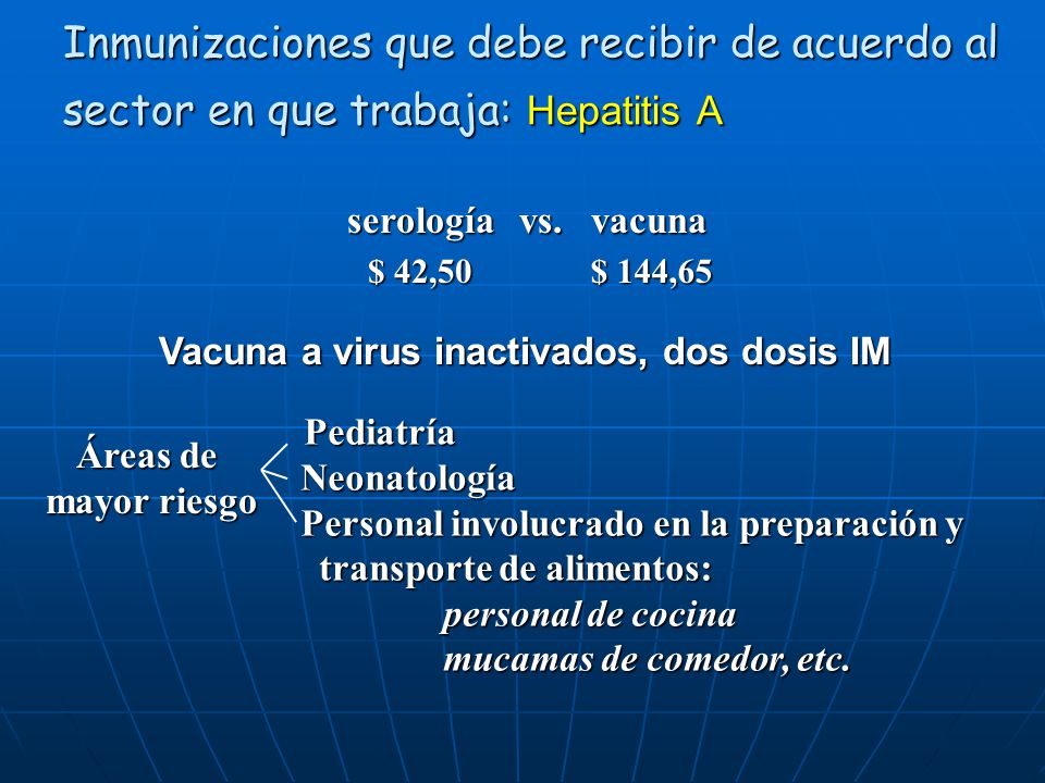 Inmunizaciones que debe recibir de acuerdo al sector en que trabaja: Hepatitis A