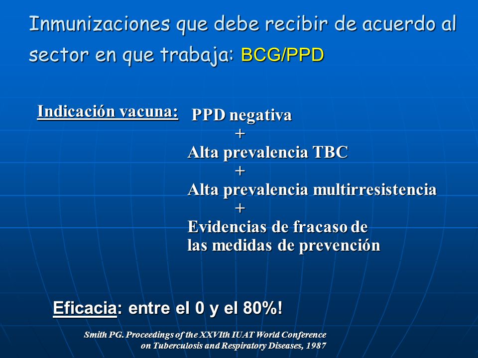 Inmunizaciones que debe recibir de acuerdo al sector en que trabaja: BCG/PPD