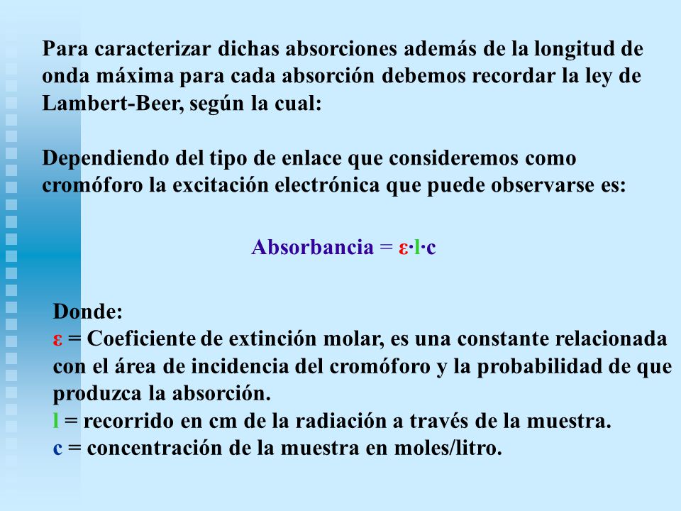 Para caracterizar dichas absorciones además de la longitud de onda máxima para cada absorción debemos recordar la ley de Lambert-Beer, según la cual: