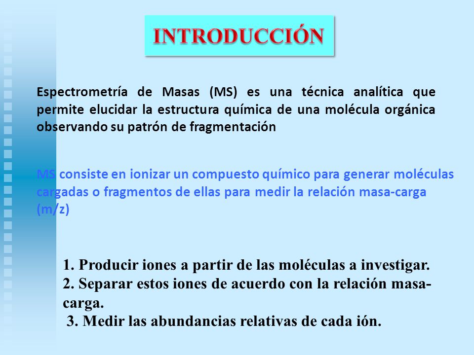 INTRODUCCIÓN 1. Producir iones a partir de las moléculas a investigar.