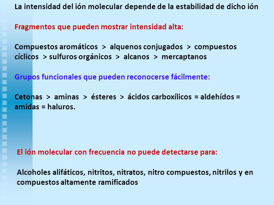 La intensidad del ión molecular depende de la estabilidad de dicho ión
