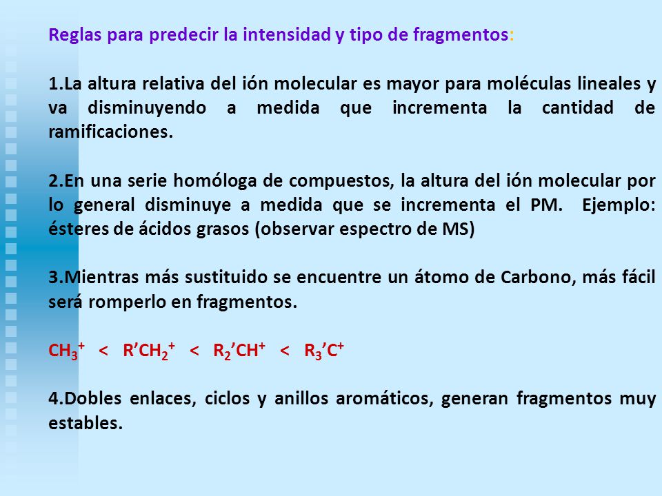 Reglas para predecir la intensidad y tipo de fragmentos: