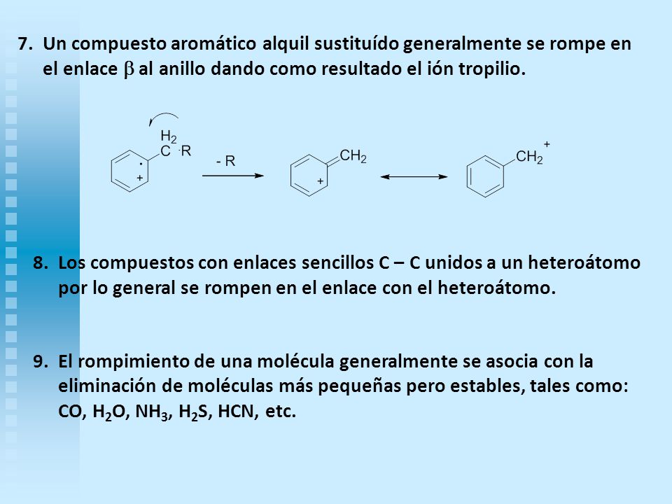Un compuesto aromático alquil sustituído generalmente se rompe en el enlace b al anillo dando como resultado el ión tropilio.