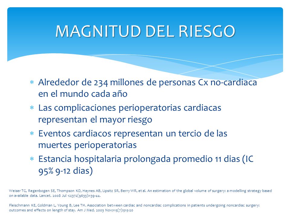 MAGNITUD DEL RIESGO Alrededor de 234 millones de personas Cx no-cardiaca en el mundo cada año.