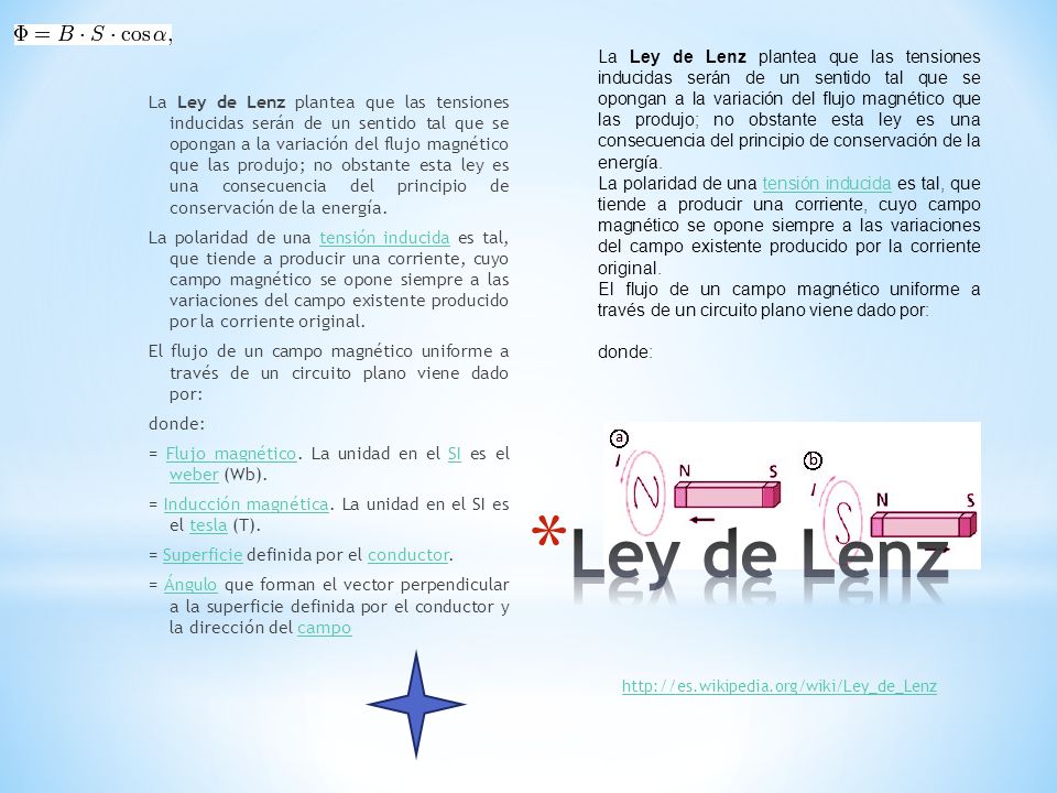 La Ley de Lenz plantea que las tensiones inducidas serán de un sentido tal que se opongan a la variación del flujo magnético que las produjo; no obstante esta ley es una consecuencia del principio de conservación de la energía.