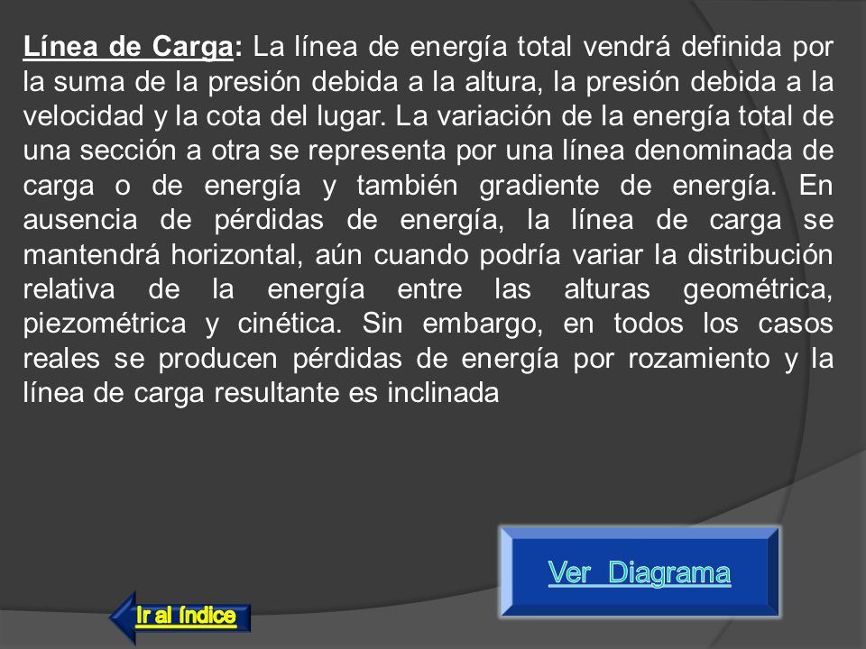 Línea de Carga: La línea de energía total vendrá definida por la suma de la presión debida a la altura, la presión debida a la velocidad y la cota del lugar. La variación de la energía total de una sección a otra se representa por una línea denominada de carga o de energía y también gradiente de energía. En ausencia de pérdidas de energía, la línea de carga se mantendrá horizontal, aún cuando podría variar la distribución relativa de la energía entre las alturas geométrica, piezométrica y cinética. Sin embargo, en todos los casos reales se producen pérdidas de energía por rozamiento y la línea de carga resultante es inclinada