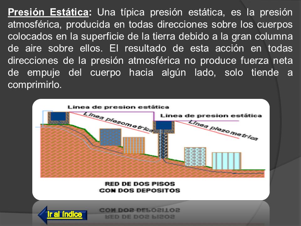 Presión Estática: Una típica presión estática, es la presión atmosférica, producida en todas direcciones sobre los cuerpos colocados en la superficie de la tierra debido a la gran columna de aire sobre ellos. El resultado de esta acción en todas direcciones de la presión atmosférica no produce fuerza neta de empuje del cuerpo hacia algún lado, solo tiende a comprimirlo.