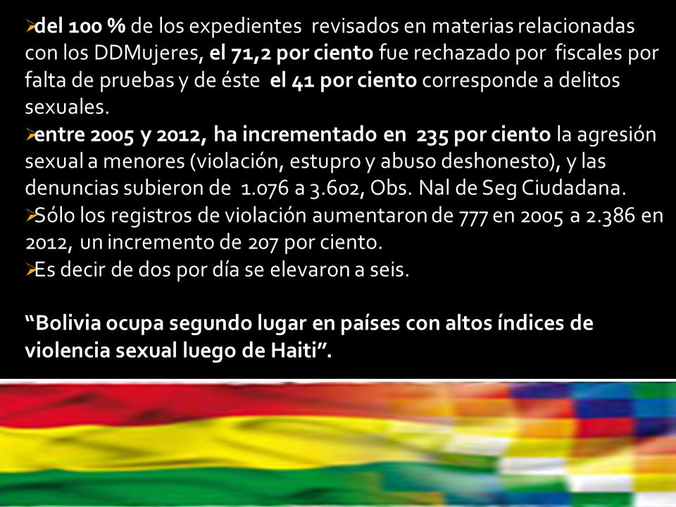 del 100 % de los expedientes revisados en materias relacionadas con los DDMujeres, el 71,2 por ciento fue rechazado por fiscales por falta de pruebas y de éste el 41 por ciento corresponde a delitos sexuales.