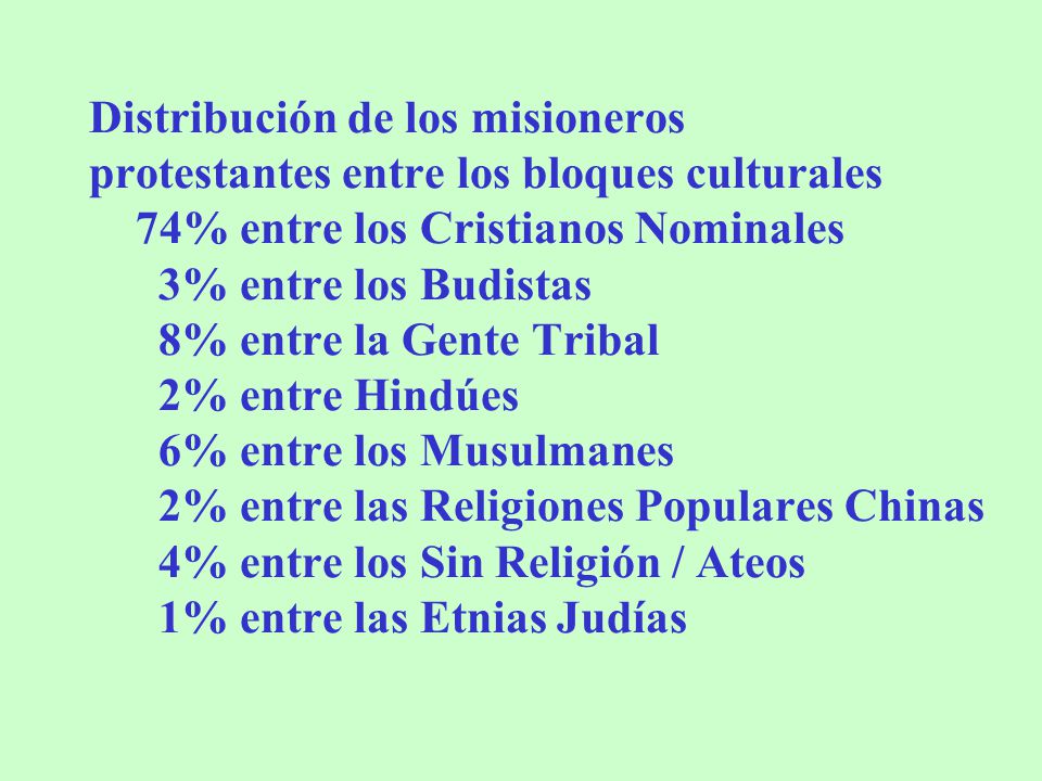 Distribución de los misioneros protestantes entre los bloques culturales 74% entre los Cristianos Nominales 3% entre los Budistas 8% entre la Gente Tribal 2% entre Hindúes 6% entre los Musulmanes 2% entre las Religiones Populares Chinas 4% entre los Sin Religión / Ateos 1% entre las Etnias Judías