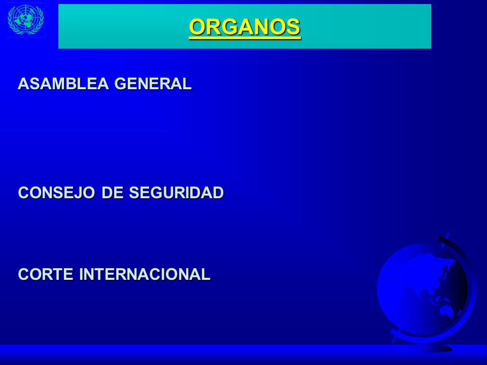 ORGANOS ASAMBLEA GENERAL CONSEJO DE SEGURIDAD CORTE INTERNACIONAL