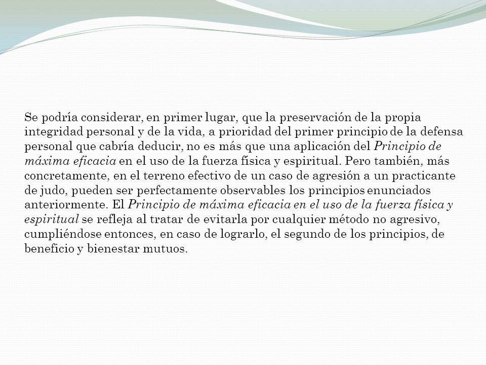 Se podría considerar, en primer lugar, que la preservación de la propia integridad personal y de la vida, a prioridad del primer principio de la defensa personal que cabría deducir, no es más que una aplicación del Principio de máxima eficacia en el uso de la fuerza física y espiritual.