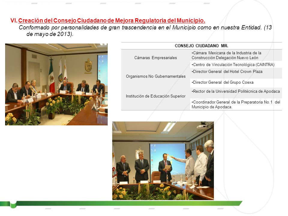 VI. Creación del Consejo Ciudadano de Mejora Regulatoria del Municipio.